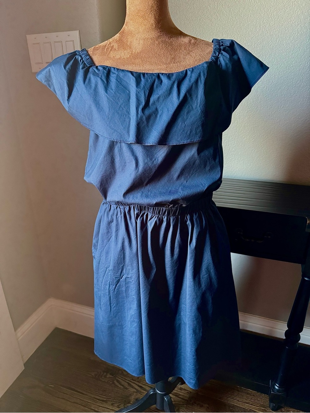 Saks Fifth Avenue Navy Blue Off Shoulder Ruffle Dress L Cotton Stretch